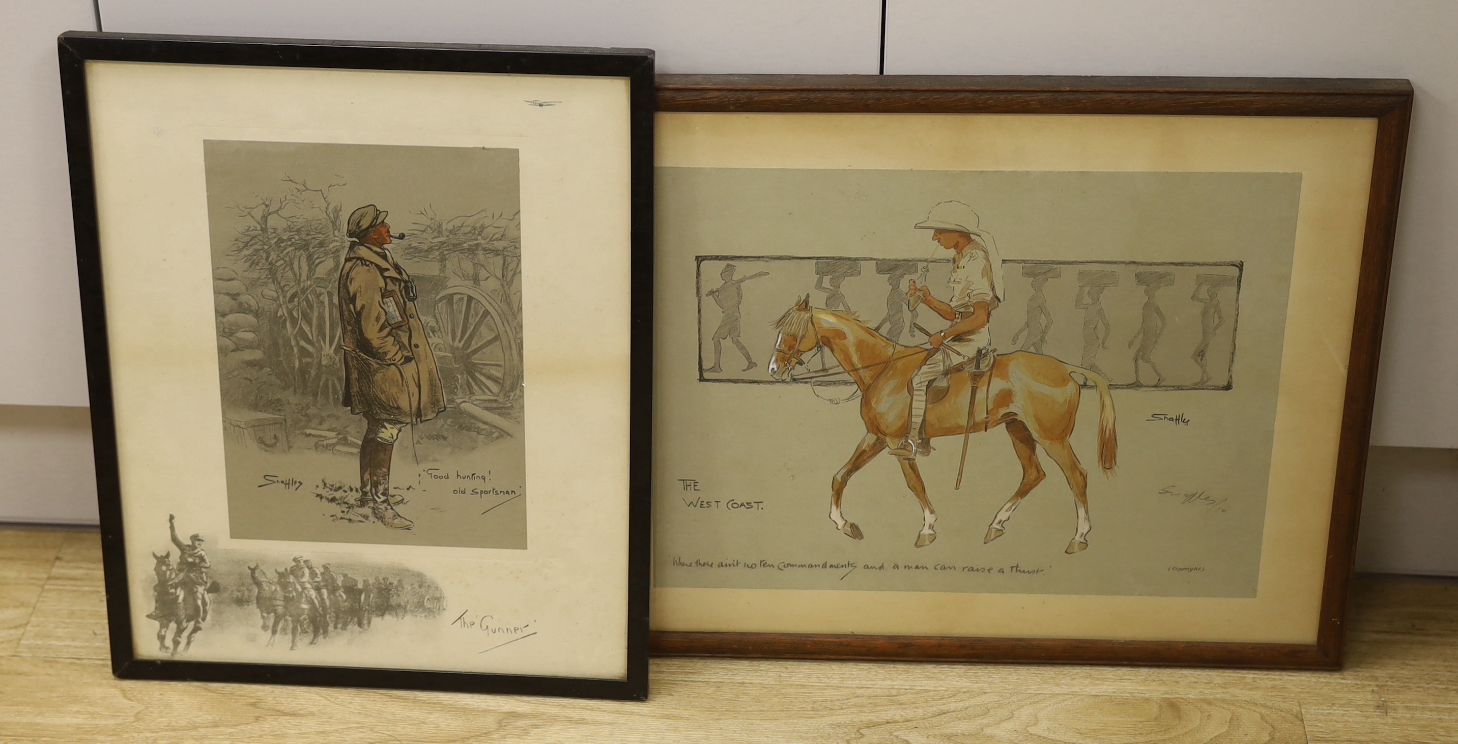 ‘Snaffles’ Charles Johnson Payne (1884-1967) colour print, 'The West Coast', signed in pencil, together with an unsigned example, 'The Gunner', largest 41 x 31cm